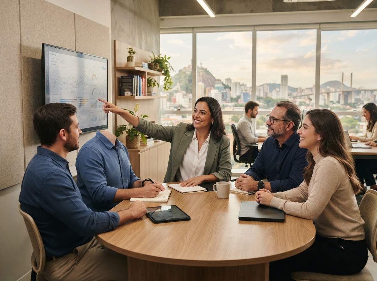 Negociacao IA: equipo analizando resultados de un modelo de análisis predictivo en una reunión de trabajo